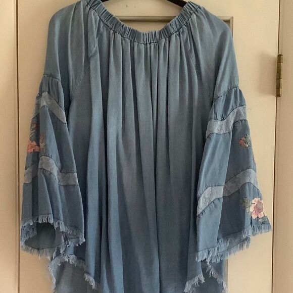 DENIM Blue HIGH-LOW EMBROIDERED LACED SLEEVES OFF-ON OPEN SHOULDER TOP - Picture 7 of 15